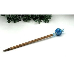 Handcrafted Wooden Hair Stick With Blue Poly Clay Bead & Crystal Accents